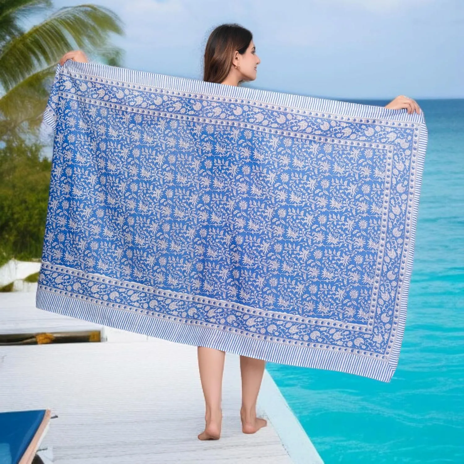 100% Cotton Swimsuit Beach Sarong Cover Ups for Women Swimwear Pareo Indian Hand Block Print Beach Bikini Wrap Skirt