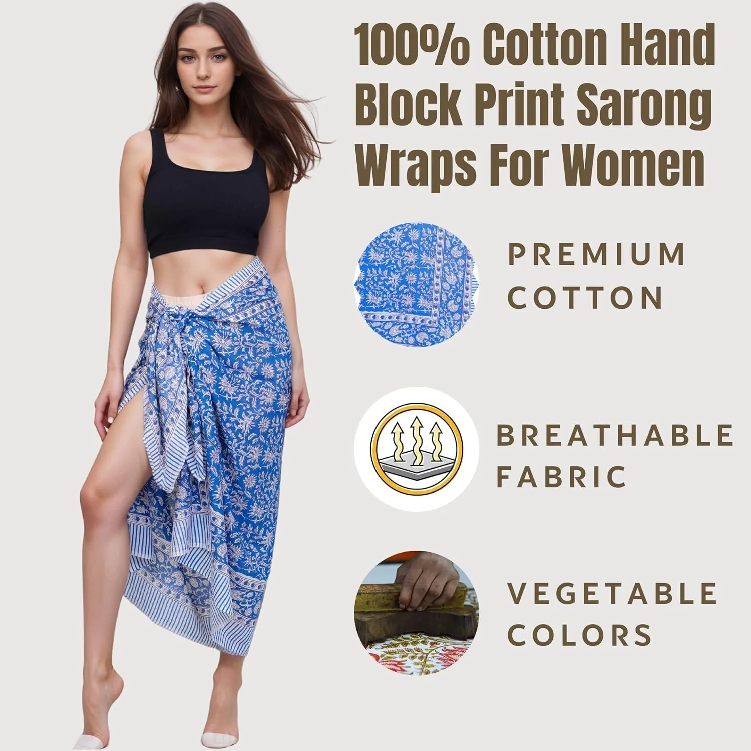 100% Cotton Swimsuit Beach Sarong Cover Ups for Women Swimwear Pareo Indian Hand Block Print Beach Bikini Wrap Skirt
