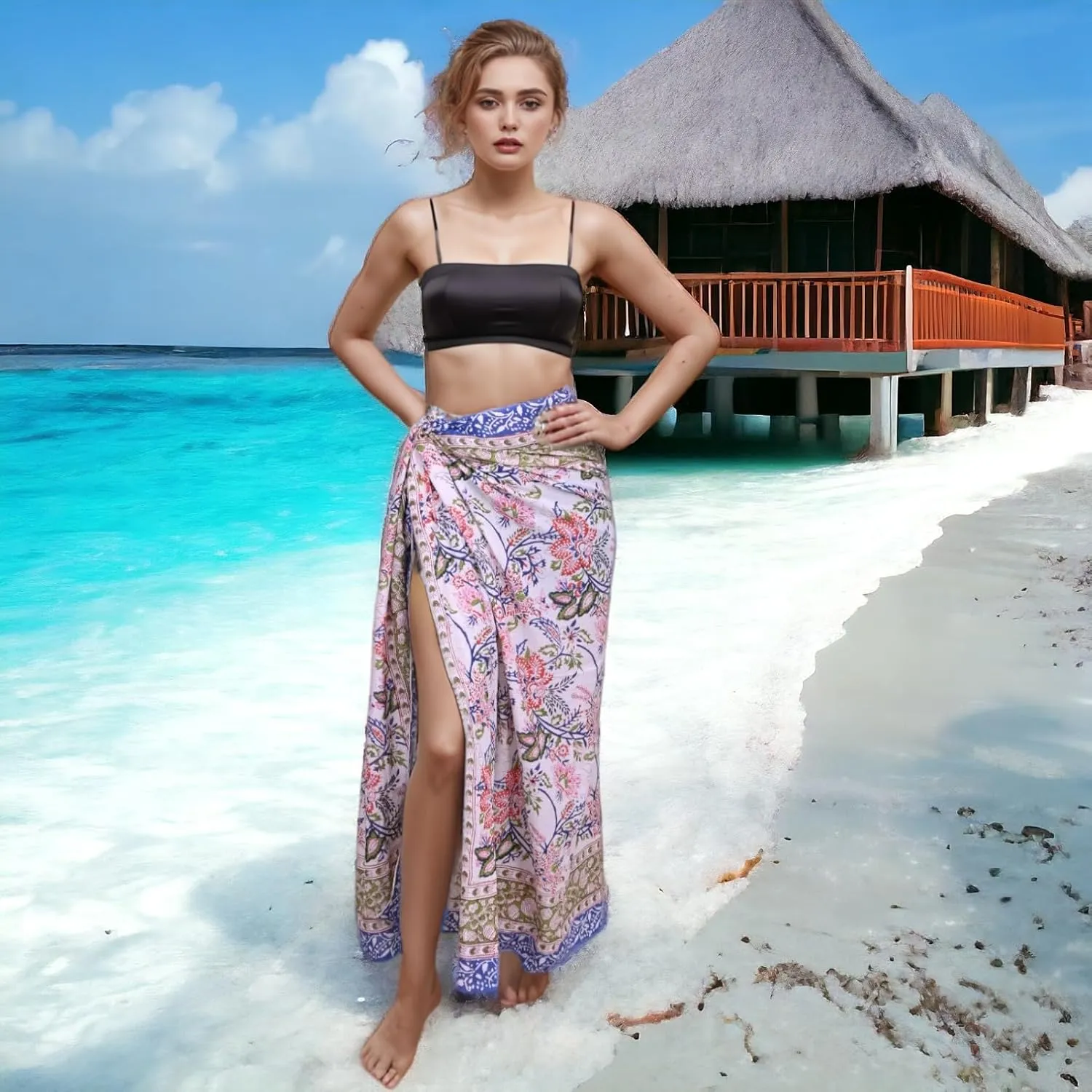 100% Cotton Swimsuit Beach Sarong Cover Ups for Women Swimwear Pareo Indian Hand Block Print Beach Bikini Wrap Skirt
