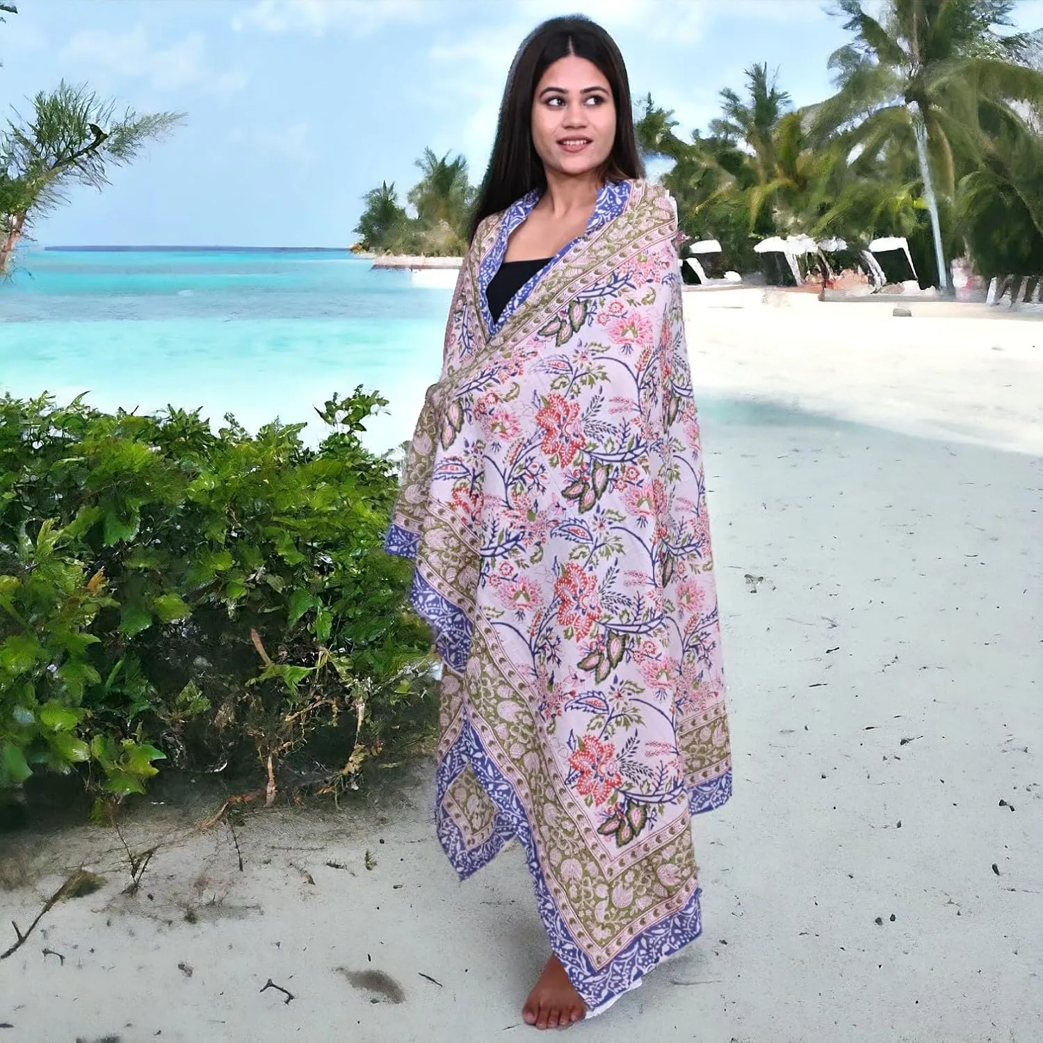 100% Cotton Swimsuit Beach Sarong Cover Ups for Women Swimwear Pareo Indian Hand Block Print Beach Bikini Wrap Skirt