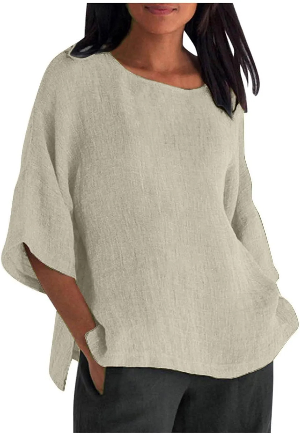 3/4 Length Sleeve Blouse for Women Casual Cotton Linen Shirts Plus Size Round Neck Jacquard Tops Loose Work Tees