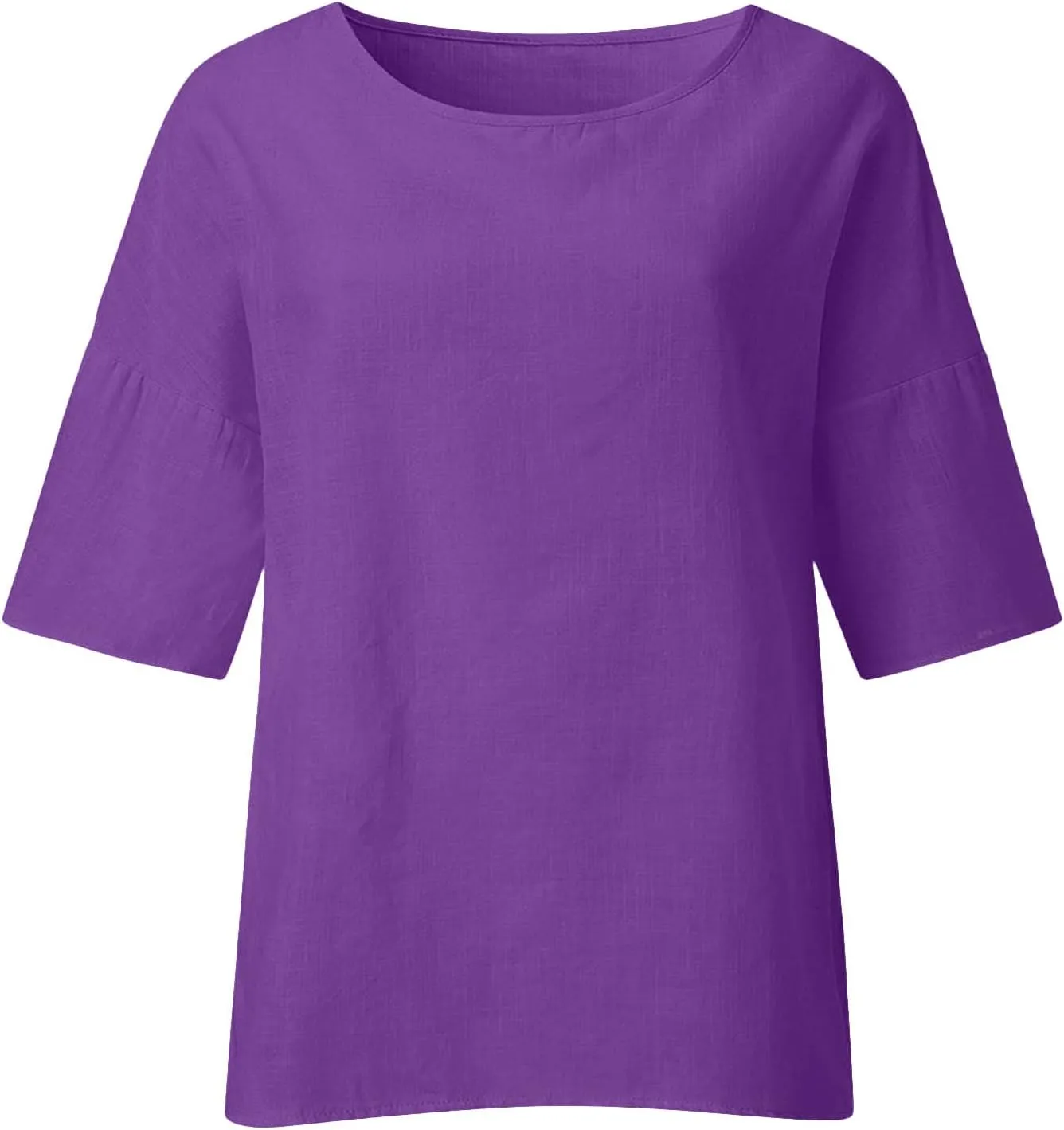 3/4 Length Sleeve Blouse for Women Casual Cotton Linen Shirts Plus Size Round Neck Jacquard Tops Loose Work Tees