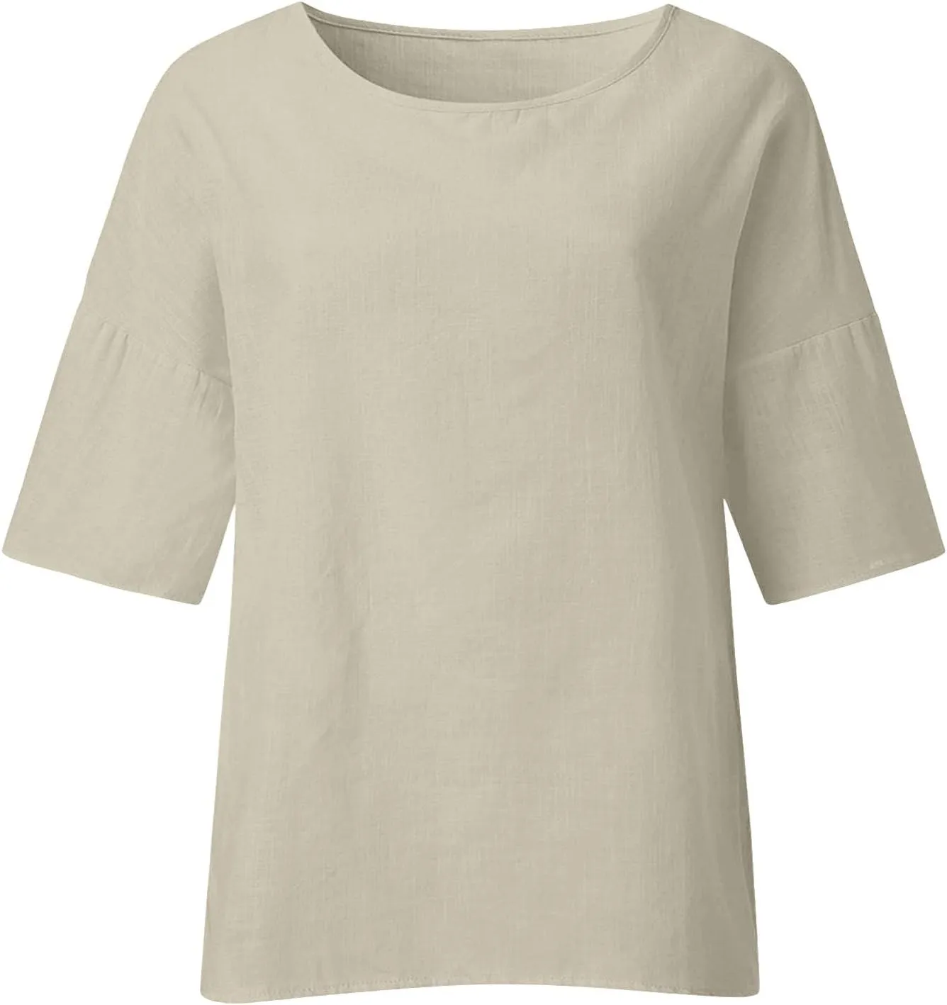 3/4 Length Sleeve Blouse for Women Casual Cotton Linen Shirts Plus Size Round Neck Jacquard Tops Loose Work Tees