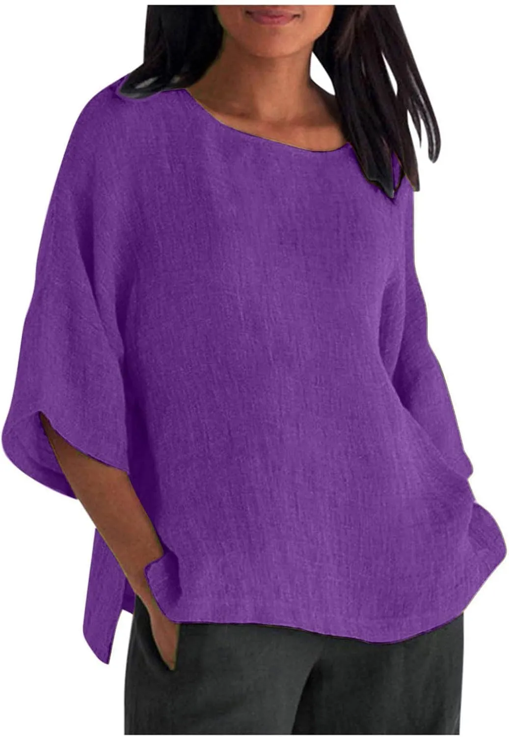 3/4 Length Sleeve Blouse for Women Casual Cotton Linen Shirts Plus Size Round Neck Jacquard Tops Loose Work Tees