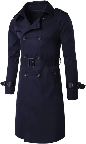 AOWOFS Men's Double Breasted Trench Coat Stylish Slim Fit Mid Long Belted Windbreaker