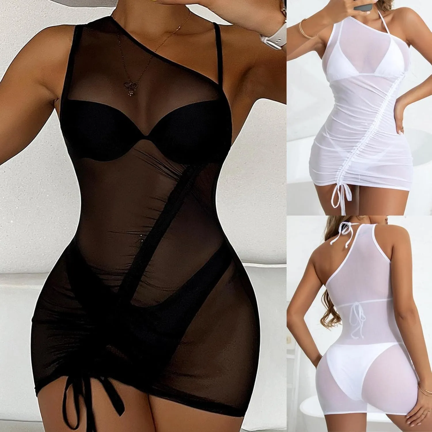 Bathing Suit Cover Ups for Women One Shoulder Mini Dress Bikini Swim Summer Trendy Beach Coverup Swimwear Dress