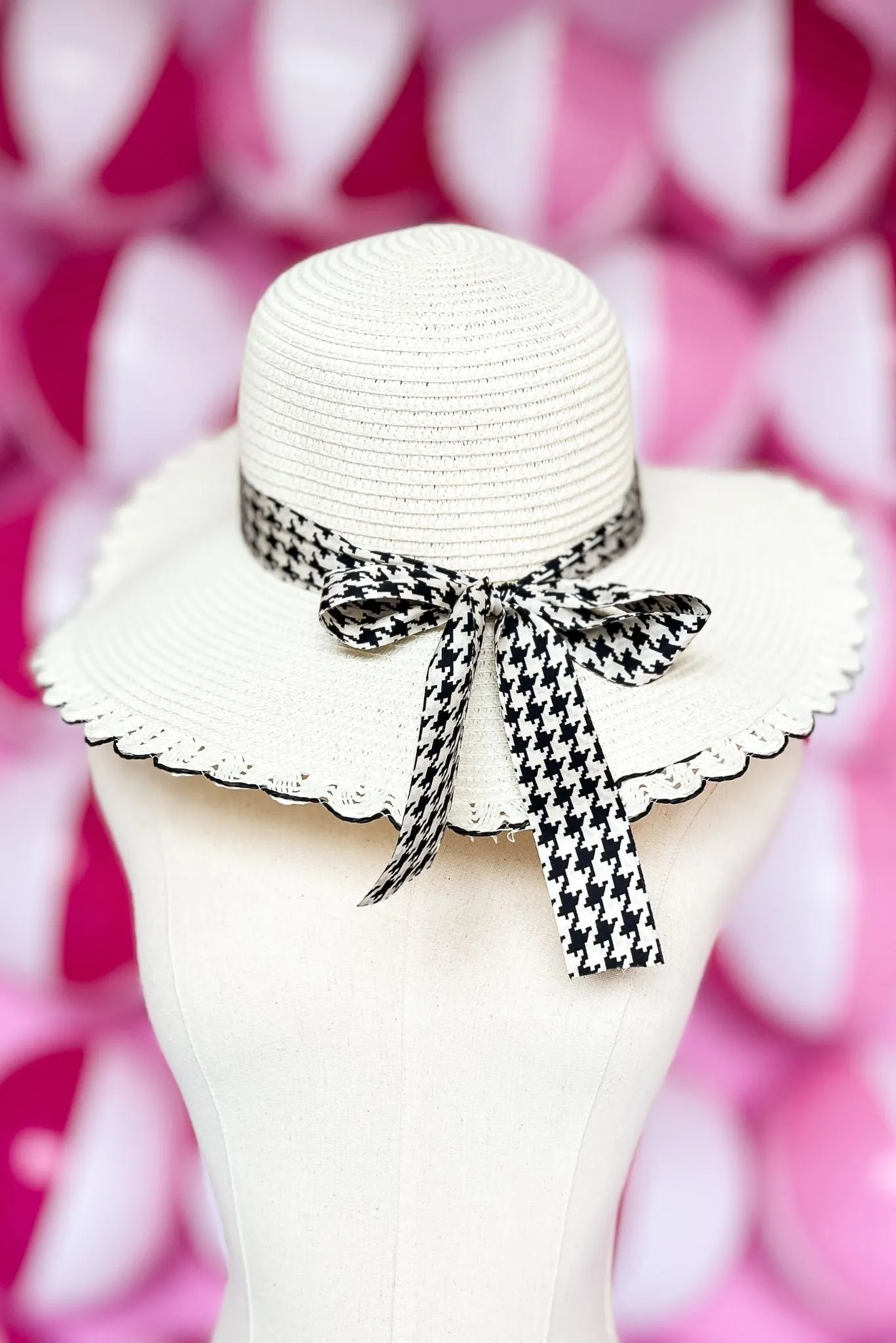 Black White Houndstooth Band Straw Sun Hat *FINAL SALE*
