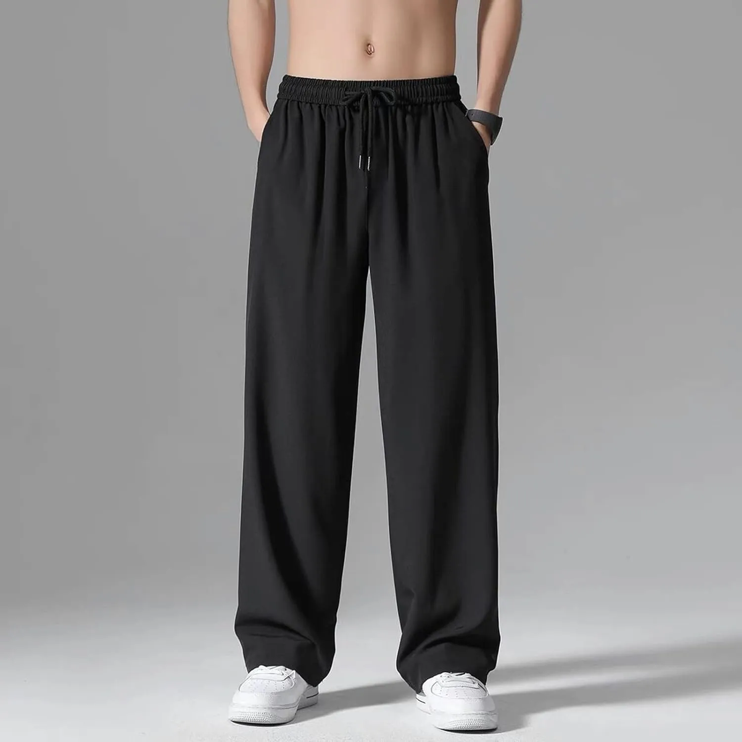 Casual Pants for Men Solid Drawstring Loose Fit Lightweight Straight Leg Pants Summer Comfort Workout Trousers