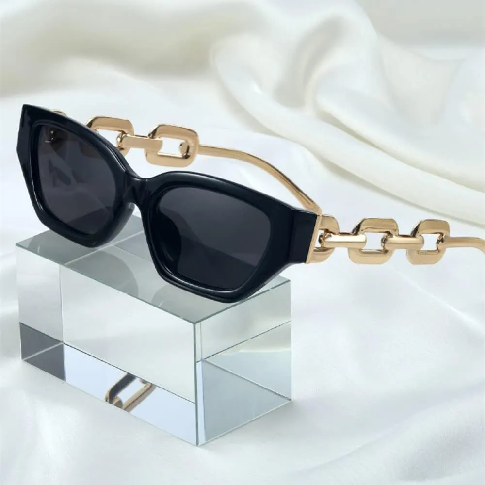CGZWFERA-Vintage Cat Eye Sunglasses For Women Small Metal Chain Sunglasses Elegant Eyeglasses Trend Fashion Black Shades