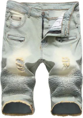 chouyatou Men's Summer Cool Stylish Wrinkle Performance Moto Ripped Denim Shorts