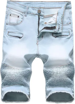 chouyatou Men's Summer Cool Stylish Wrinkle Performance Moto Ripped Denim Shorts