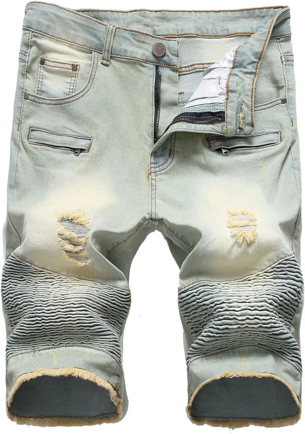 chouyatou Men's Summer Cool Stylish Wrinkle Performance Moto Ripped Denim Shorts