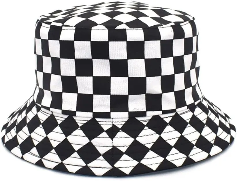 Cow Bucket Hat Y2K Aesthetic Beach Hat Cute Love Heart Checkered White Fishing Hats 90s Sun Hat for Women Teen Girls (Black Plaid)