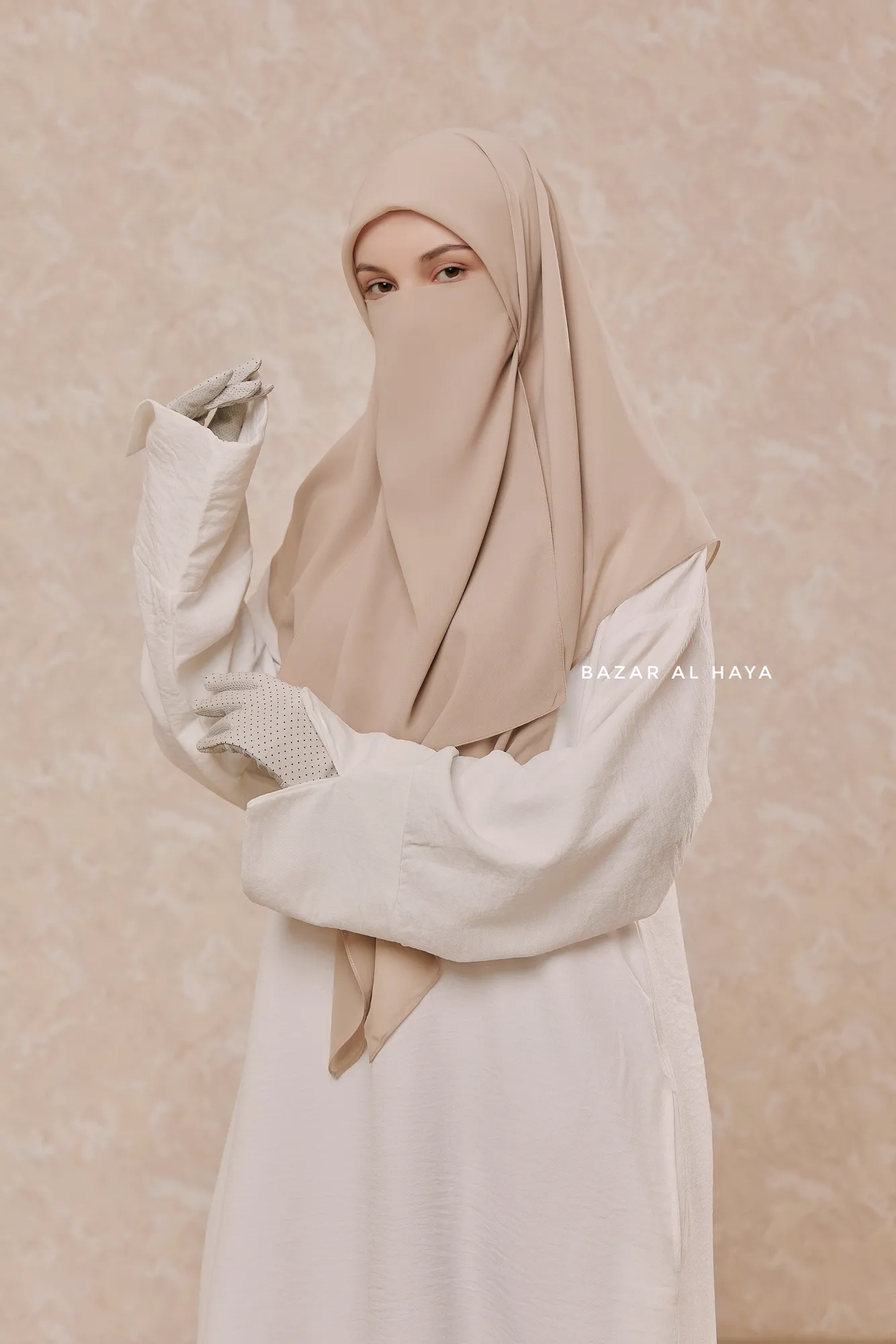 Creme Beige Scarf With Half Niqab Set - Super Breathable - Medium & Large