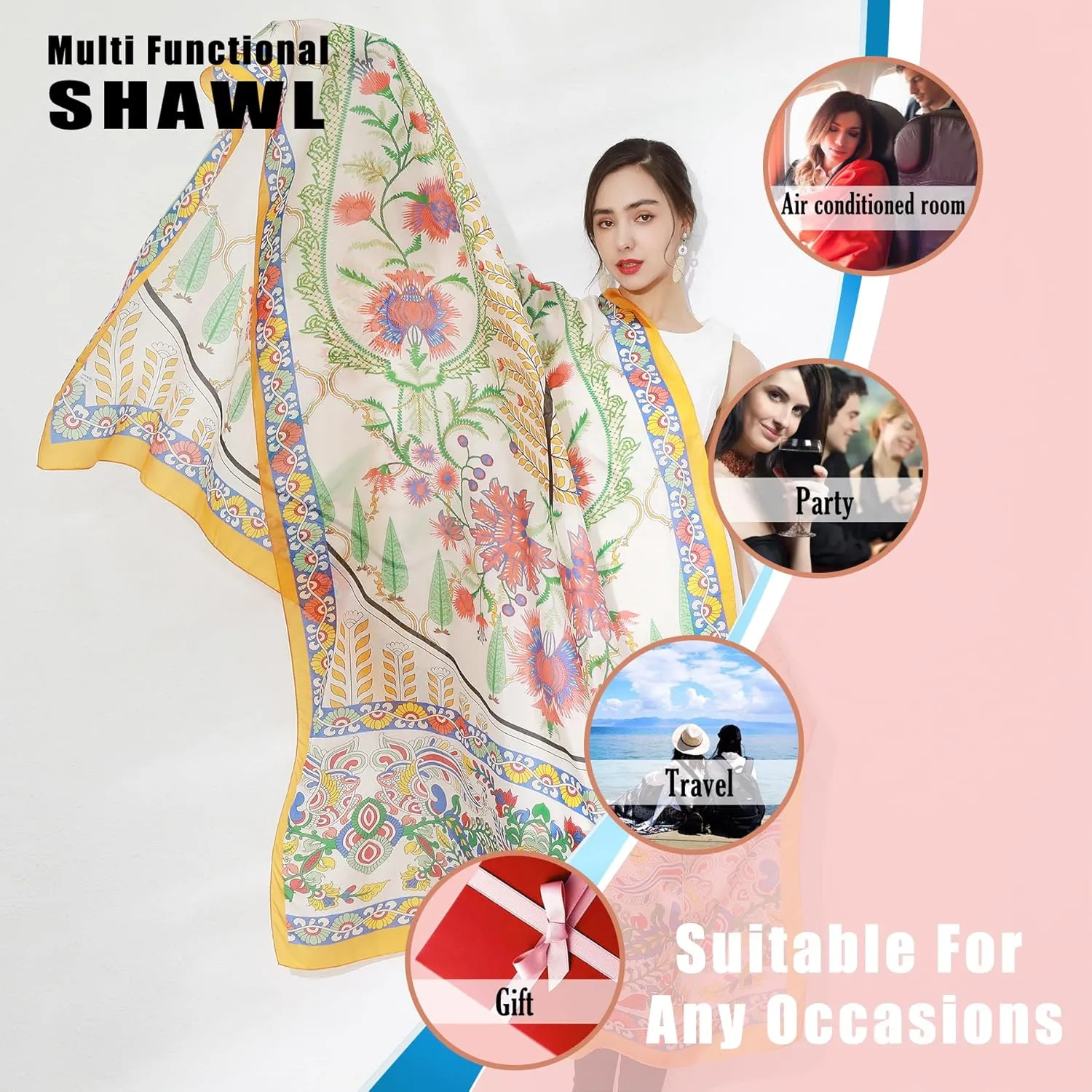 DANA XU 100% Mulberry Satin Silk Summer Travel Scarf Extra Large Women Floral Shawl Oversize Soft Wraps For Evening Dresses