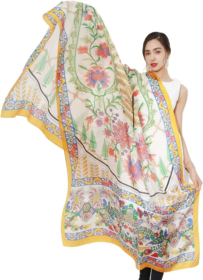 DANA XU 100% Mulberry Satin Silk Summer Travel Scarf Extra Large Women Floral Shawl Oversize Soft Wraps For Evening Dresses