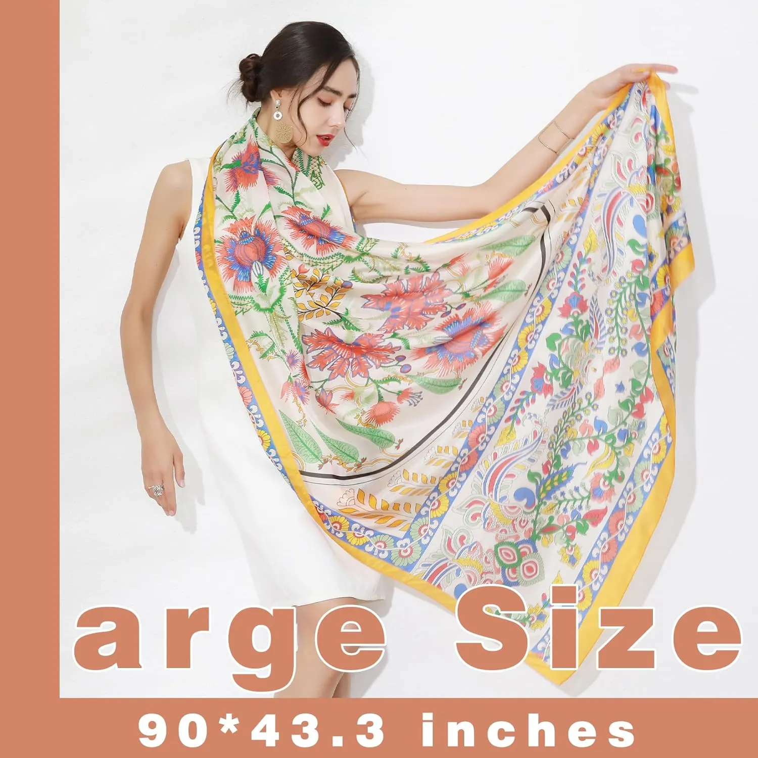 DANA XU 100% Mulberry Satin Silk Summer Travel Scarf Extra Large Women Floral Shawl Oversize Soft Wraps For Evening Dresses