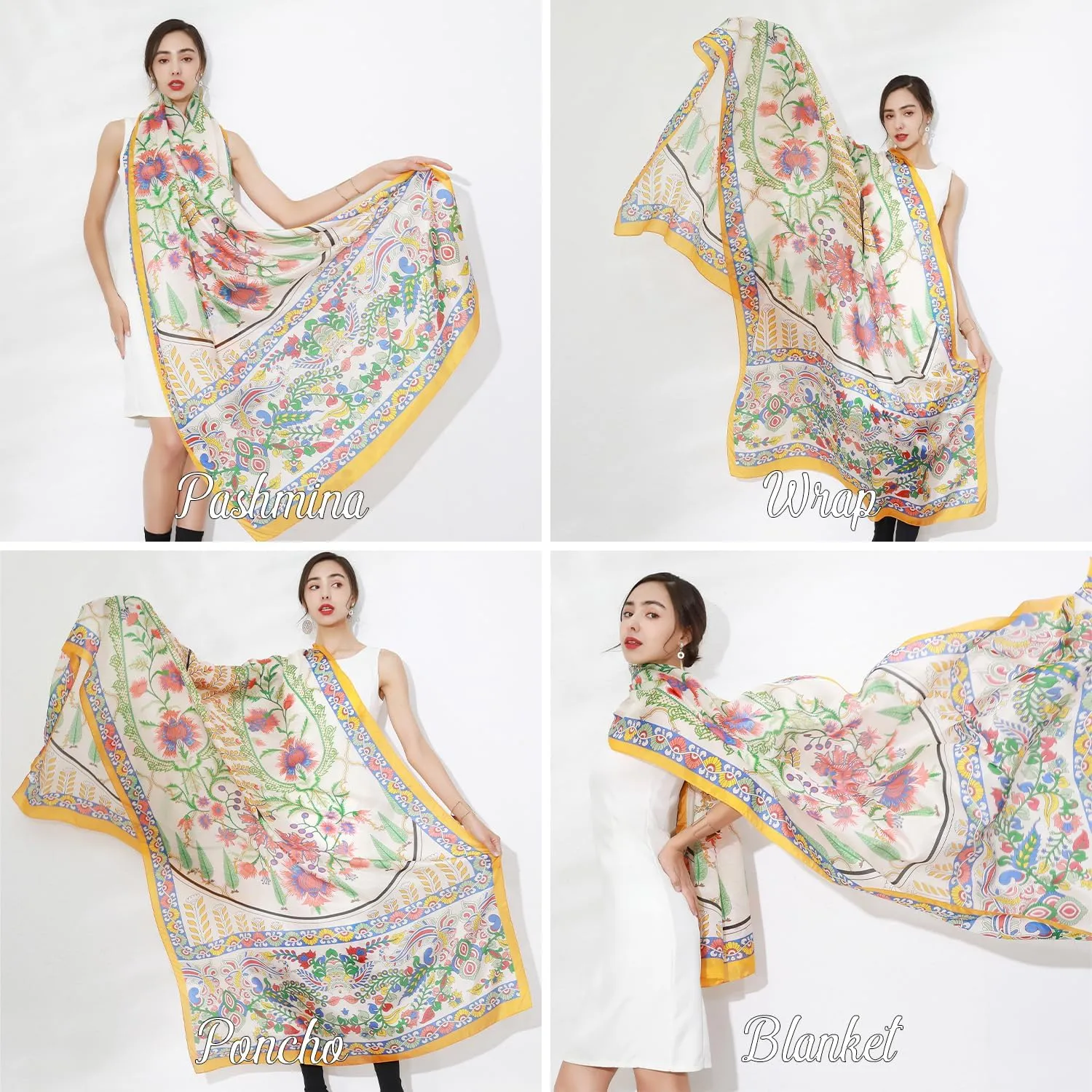 DANA XU 100% Mulberry Satin Silk Summer Travel Scarf Extra Large Women Floral Shawl Oversize Soft Wraps For Evening Dresses