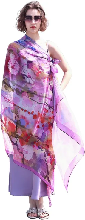 DANA XU Women's 100% Mulberry Satin Silk Pashmina Shawl Wraps Extra Large Floral Scarf for Evening Dresses, Soft Oversized