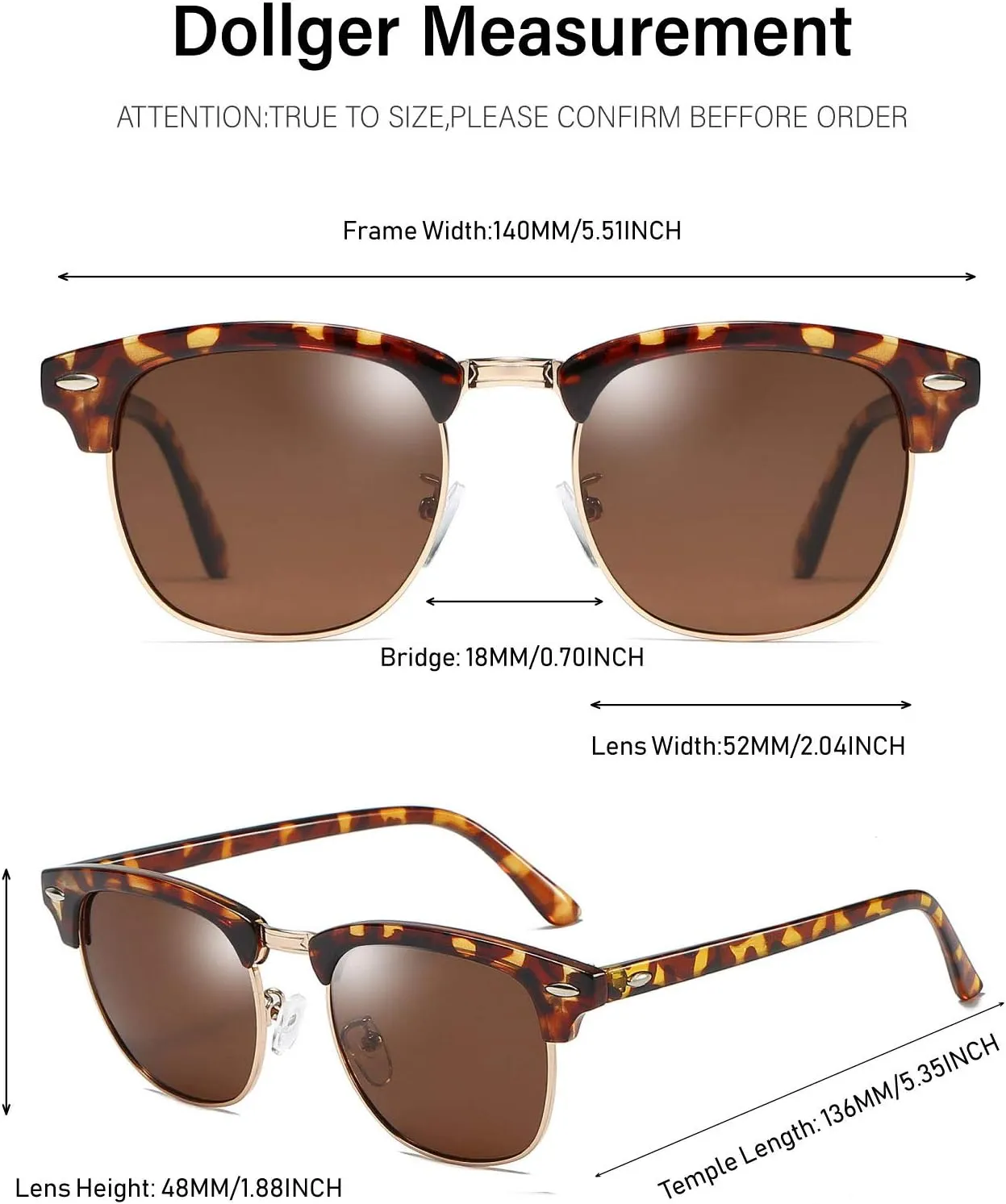 Dollger Polarized Browline Sunglasses Classic Semi-Rimless Frame Retro Brand Sunglasses for Men and Women UV 400
