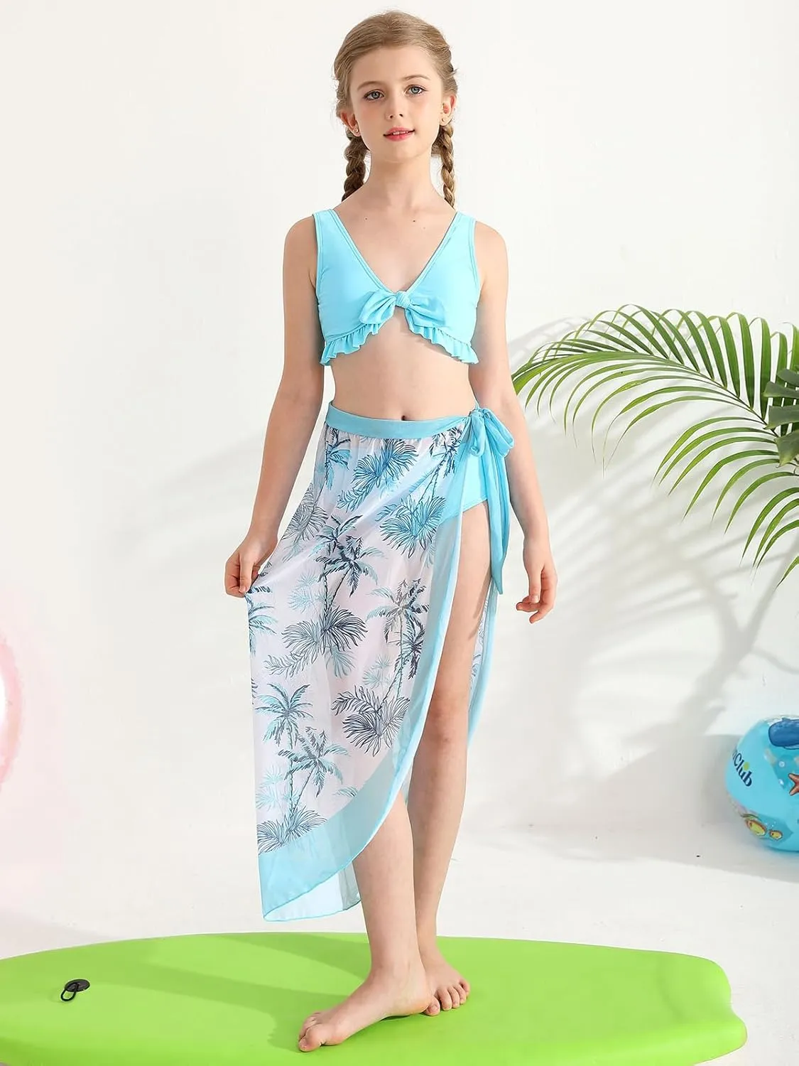 ESHOO Girls Swimsuits 3 Piece Bikinis Sets with Cover Up Skirt Warp Bathing Suit Beach Swimwear for Teen Girls 10-14 Years