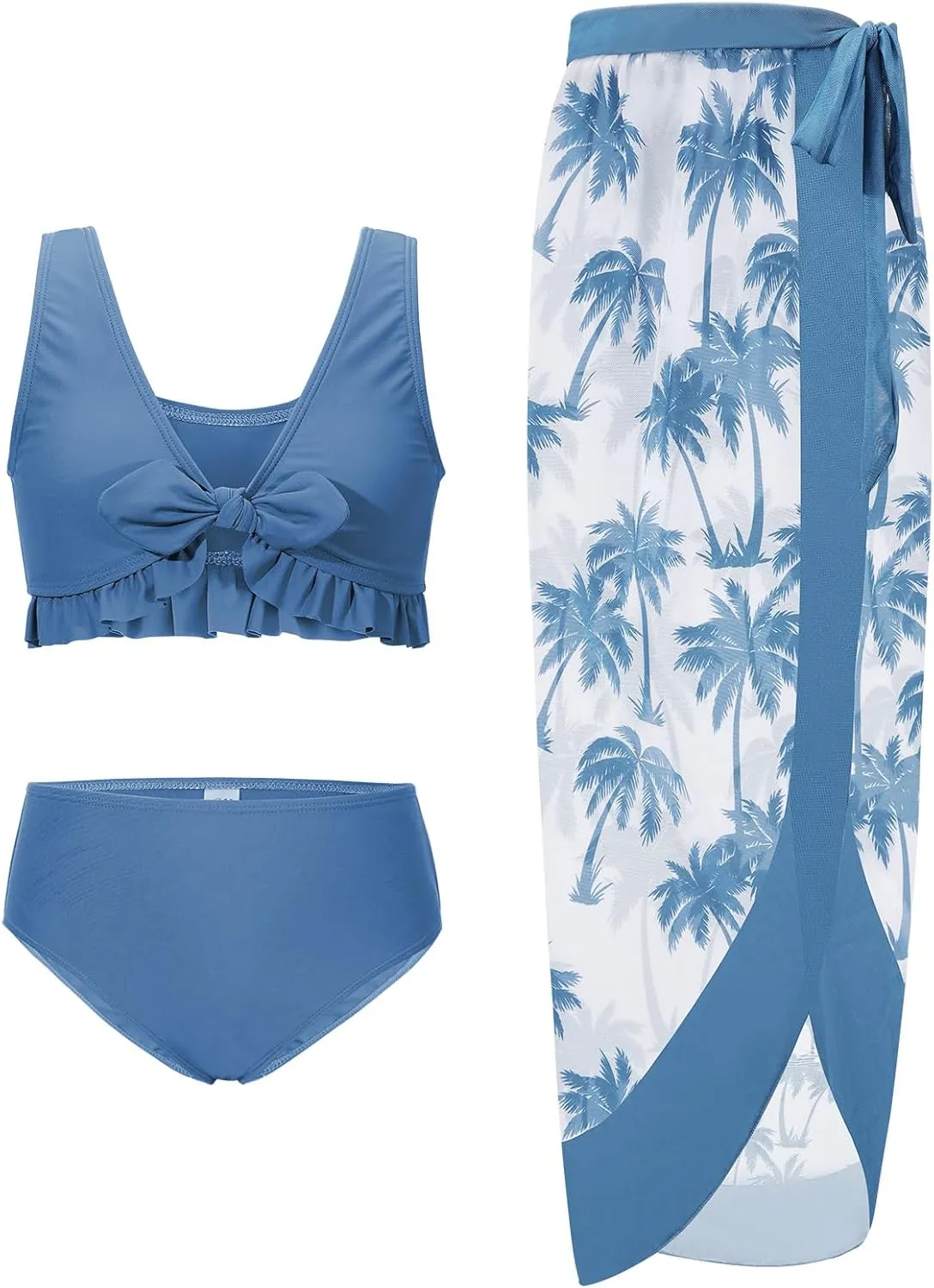 ESHOO Girls Swimsuits 3 Piece Bikinis Sets with Cover Up Skirt Warp Bathing Suit Beach Swimwear for Teen Girls 10-14 Years