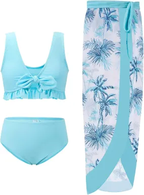 ESHOO Girls Swimsuits 3 Piece Bikinis Sets with Cover Up Skirt Warp Bathing Suit Beach Swimwear for Teen Girls 10-14 Years