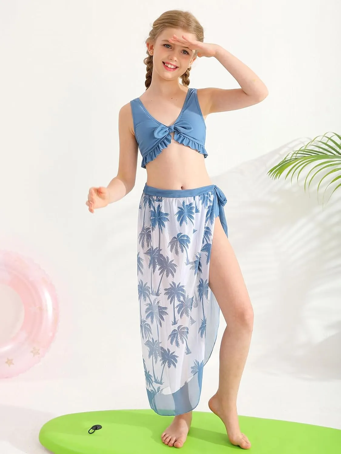 ESHOO Girls Swimsuits 3 Piece Bikinis Sets with Cover Up Skirt Warp Bathing Suit Beach Swimwear for Teen Girls 10-14 Years