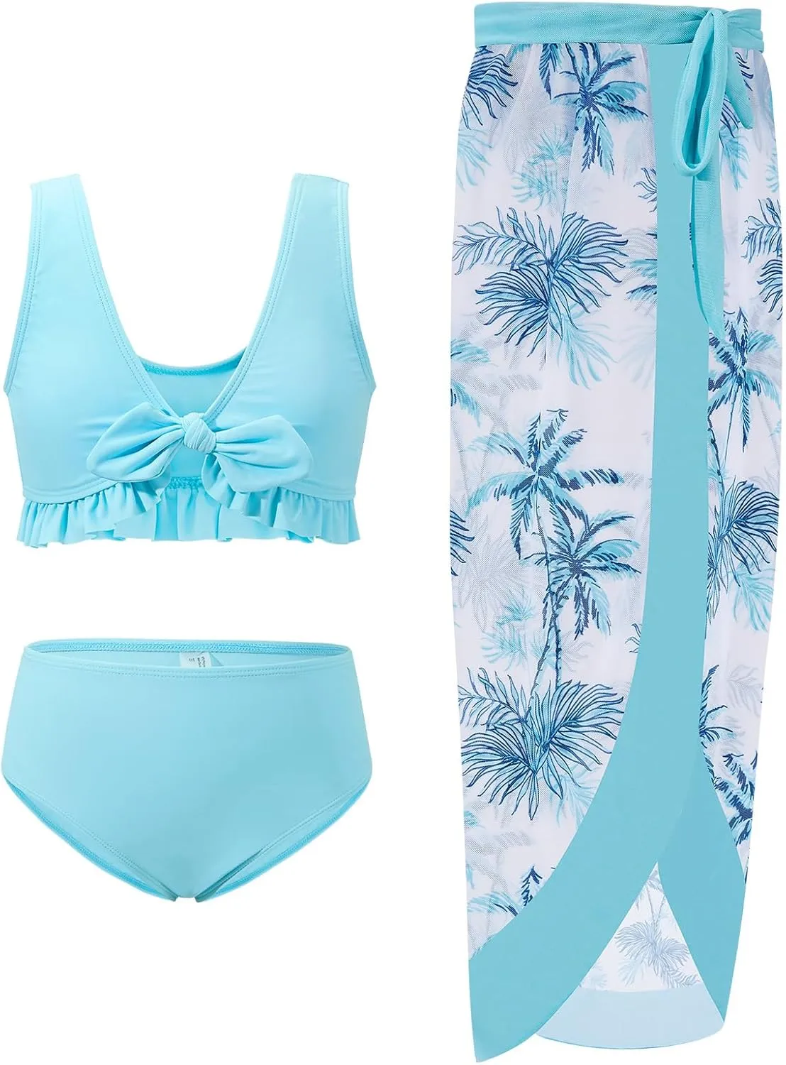 ESHOO Girls Swimsuits 3 Piece Bikinis Sets with Cover Up Skirt Warp Bathing Suit Beach Swimwear for Teen Girls 10-14 Years
