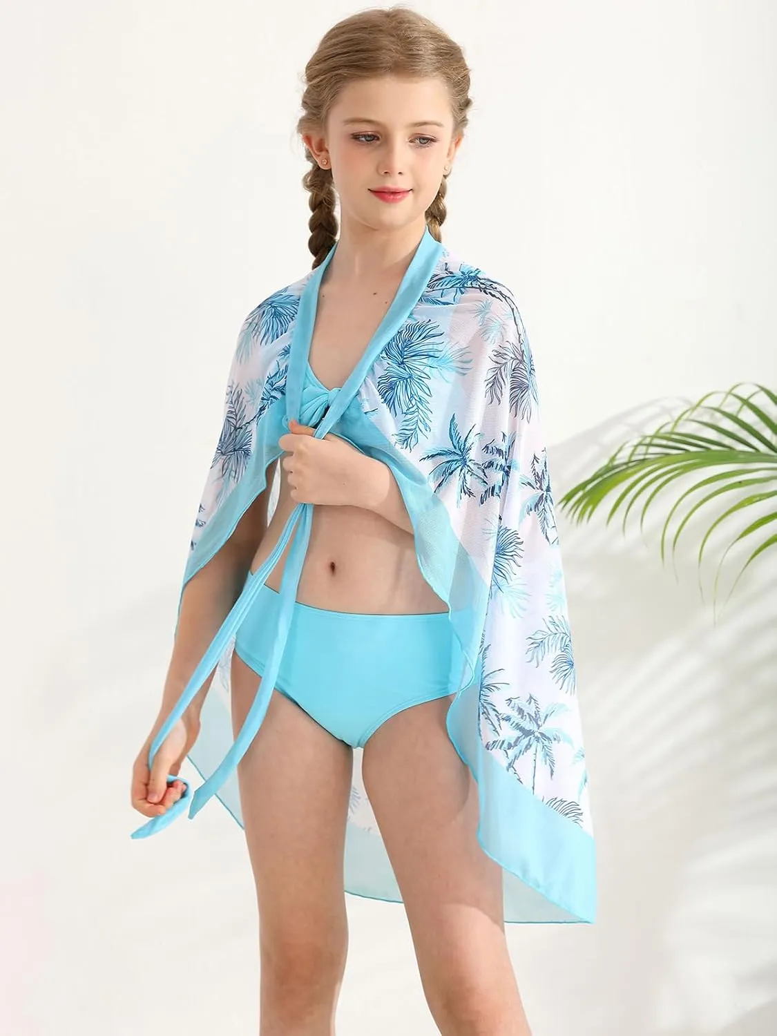 ESHOO Girls Swimsuits 3 Piece Bikinis Sets with Cover Up Skirt Warp Bathing Suit Beach Swimwear for Teen Girls 10-14 Years