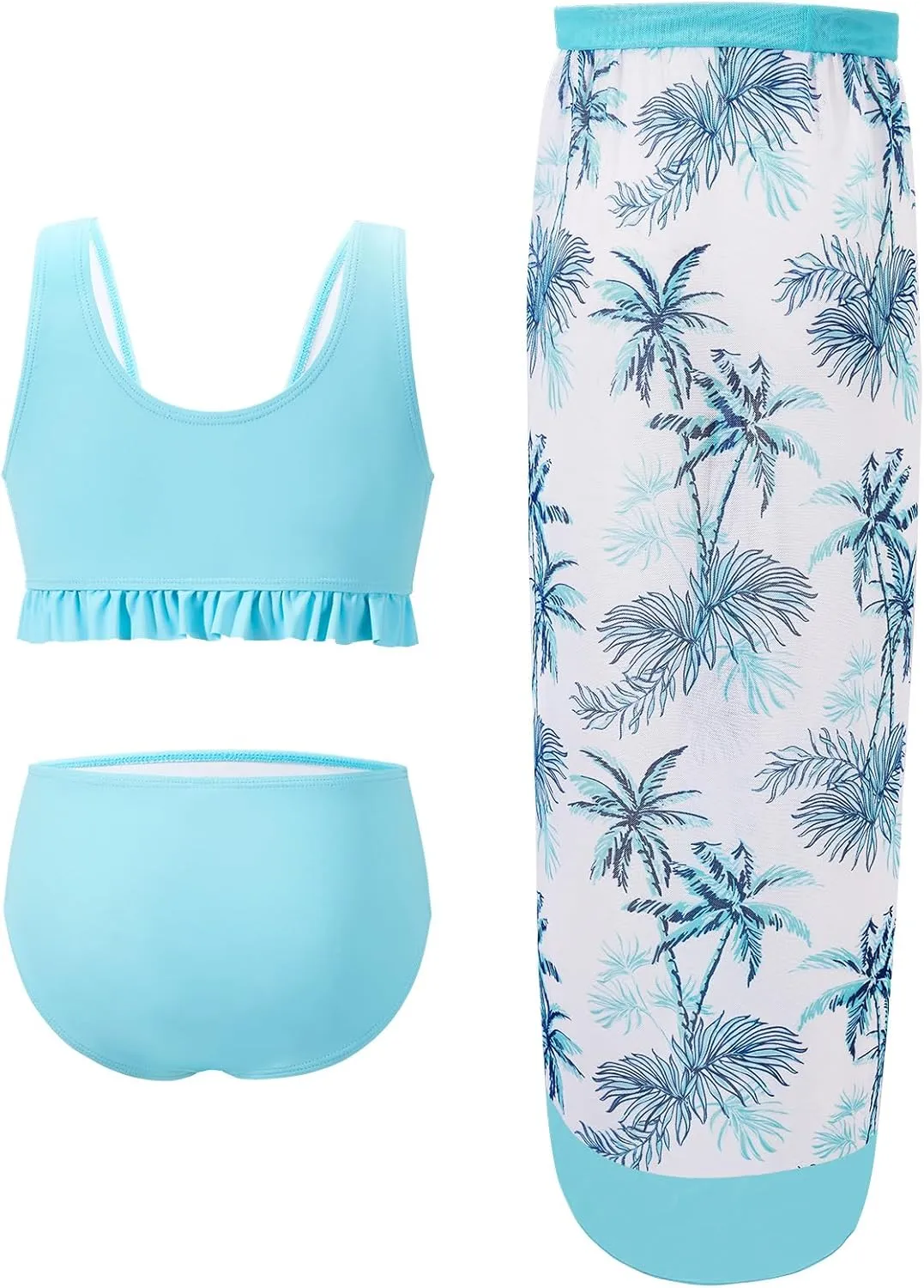 ESHOO Girls Swimsuits 3 Piece Bikinis Sets with Cover Up Skirt Warp Bathing Suit Beach Swimwear for Teen Girls 10-14 Years