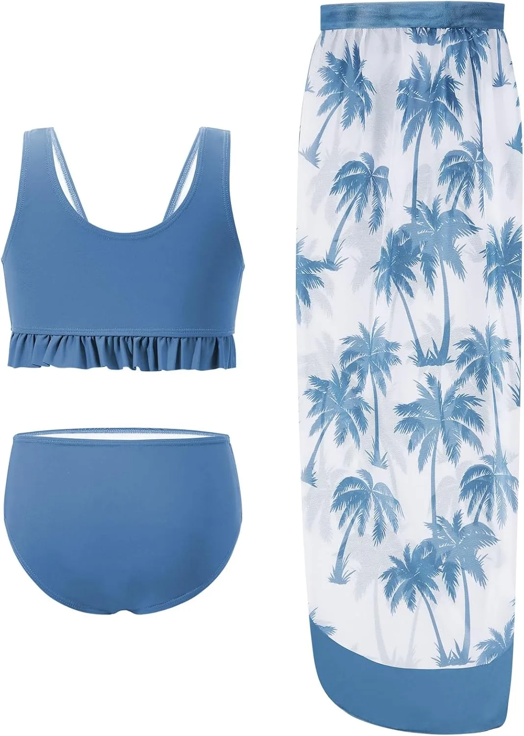 ESHOO Girls Swimsuits 3 Piece Bikinis Sets with Cover Up Skirt Warp Bathing Suit Beach Swimwear for Teen Girls 10-14 Years