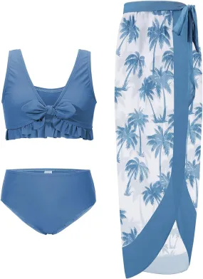 ESHOO Girls Swimsuits 3 Piece Bikinis Sets with Cover Up Skirt Warp Bathing Suit Beach Swimwear for Teen Girls 10-14 Years
