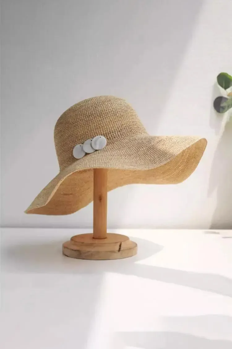 Floppy Packable Wide-brim Straw Sun Hat with Seashells