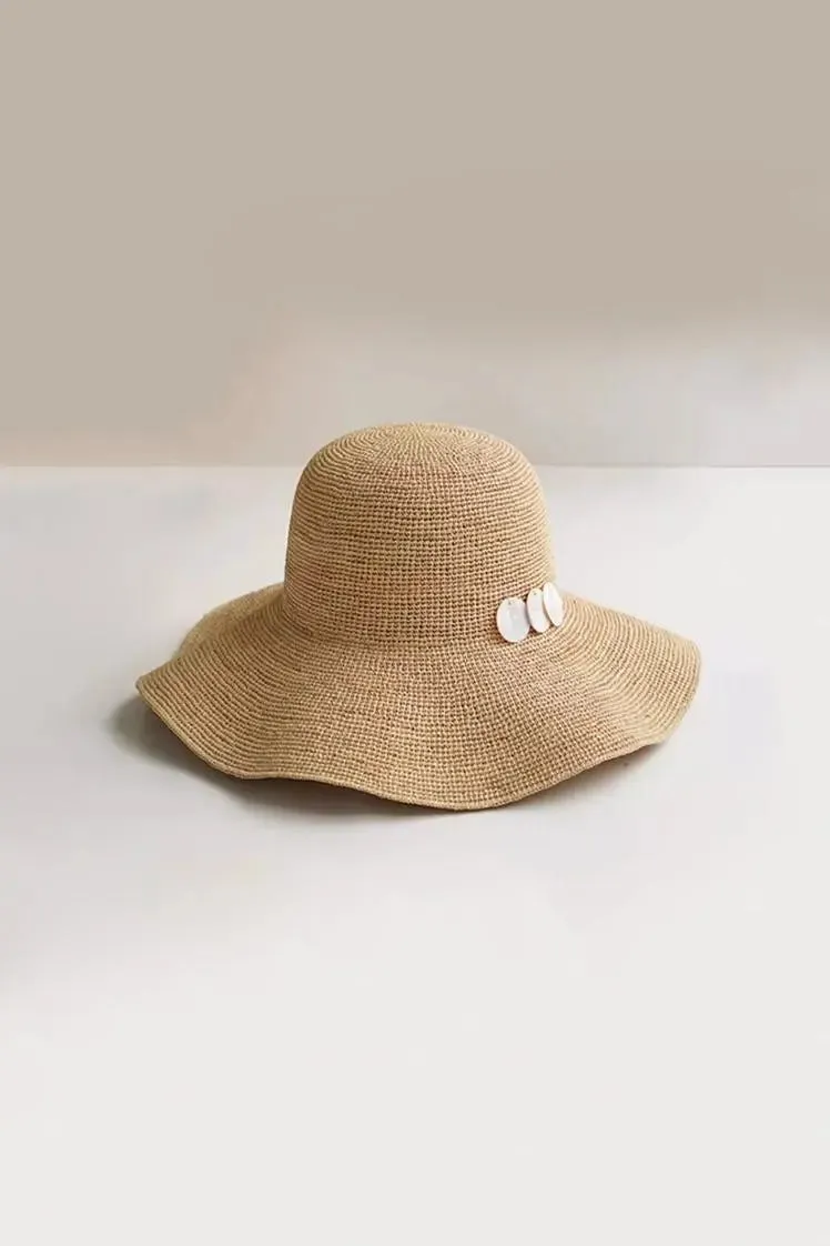 Floppy Packable Wide-brim Straw Sun Hat with Seashells