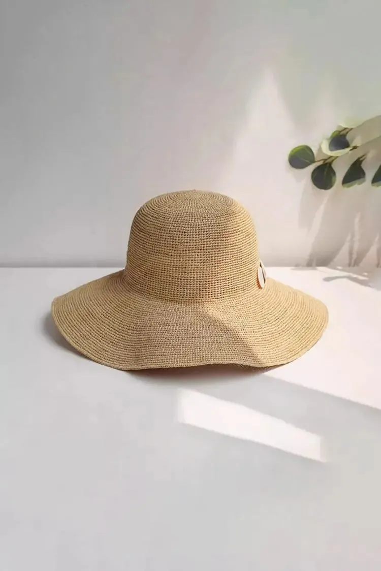 Floppy Packable Wide-brim Straw Sun Hat with Seashells