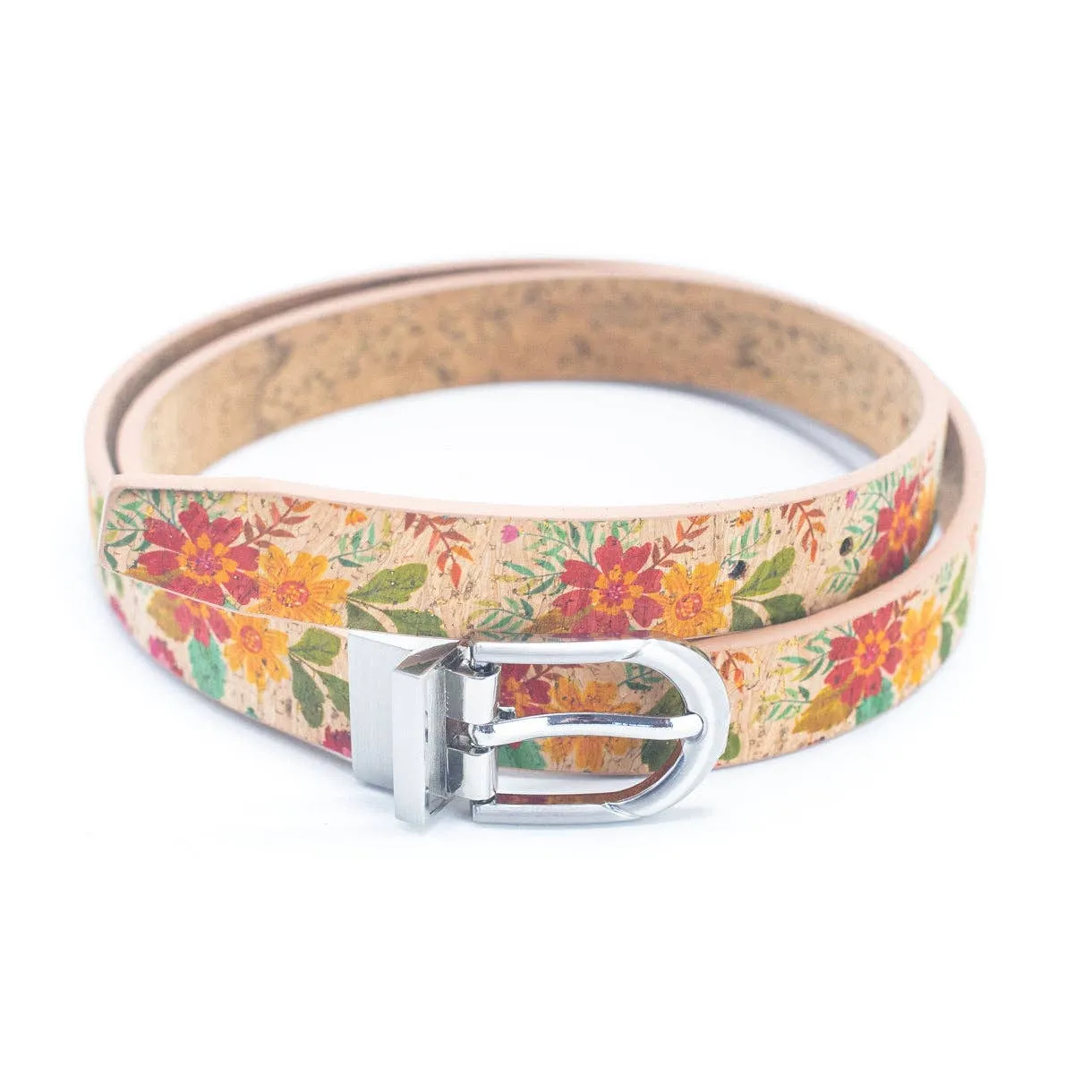 Floral Print Cork Women's Belt with Adjustable Buckle-Width L-898