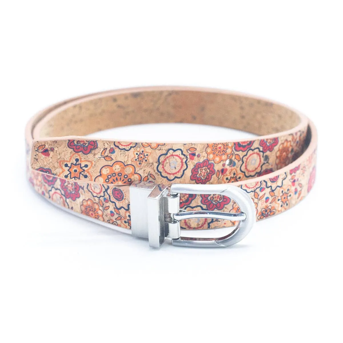 Floral Print Cork Women's Belt with Adjustable Buckle-Width L-898
