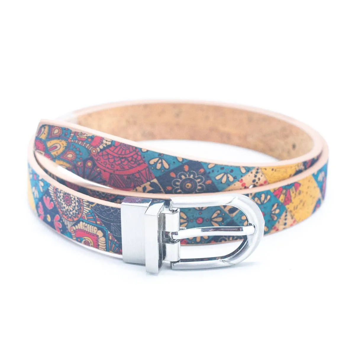 Floral Print Cork Women's Belt with Adjustable Buckle-Width L-898