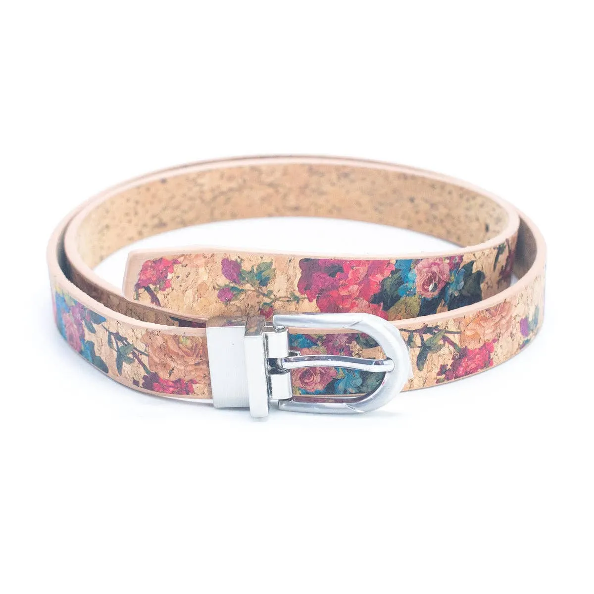 Floral Print Cork Women's Belt with Adjustable Buckle-Width L-898