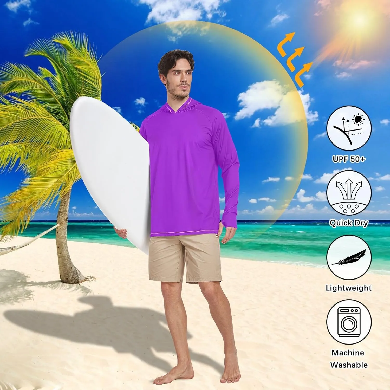 GAIGEO Light Sun Hoodie Mens, Breathable Mens Summer Long Sleeve Shirts, Red Purple Gradient S