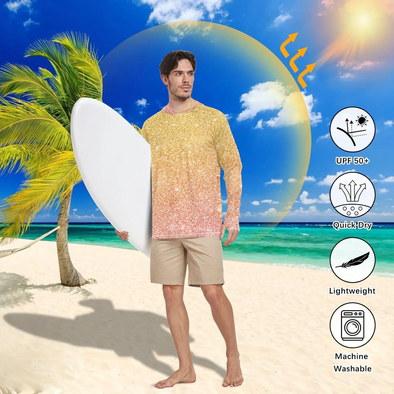 GAIGEO Light UPF Shirt Men, Breathable Summer Long Sleeve Shirts for Men, Moisture Wicking Beach Shirts, Coral S