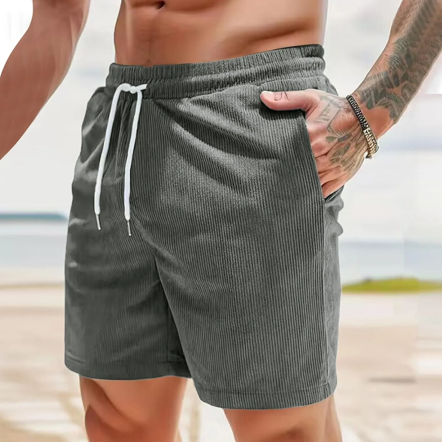 generic Mens Shorts Fashion Spring Fall Corduroy Shorts Boys Casual Relaxed Fit Loungewear Fitness Gym Shorts Elastic Waist