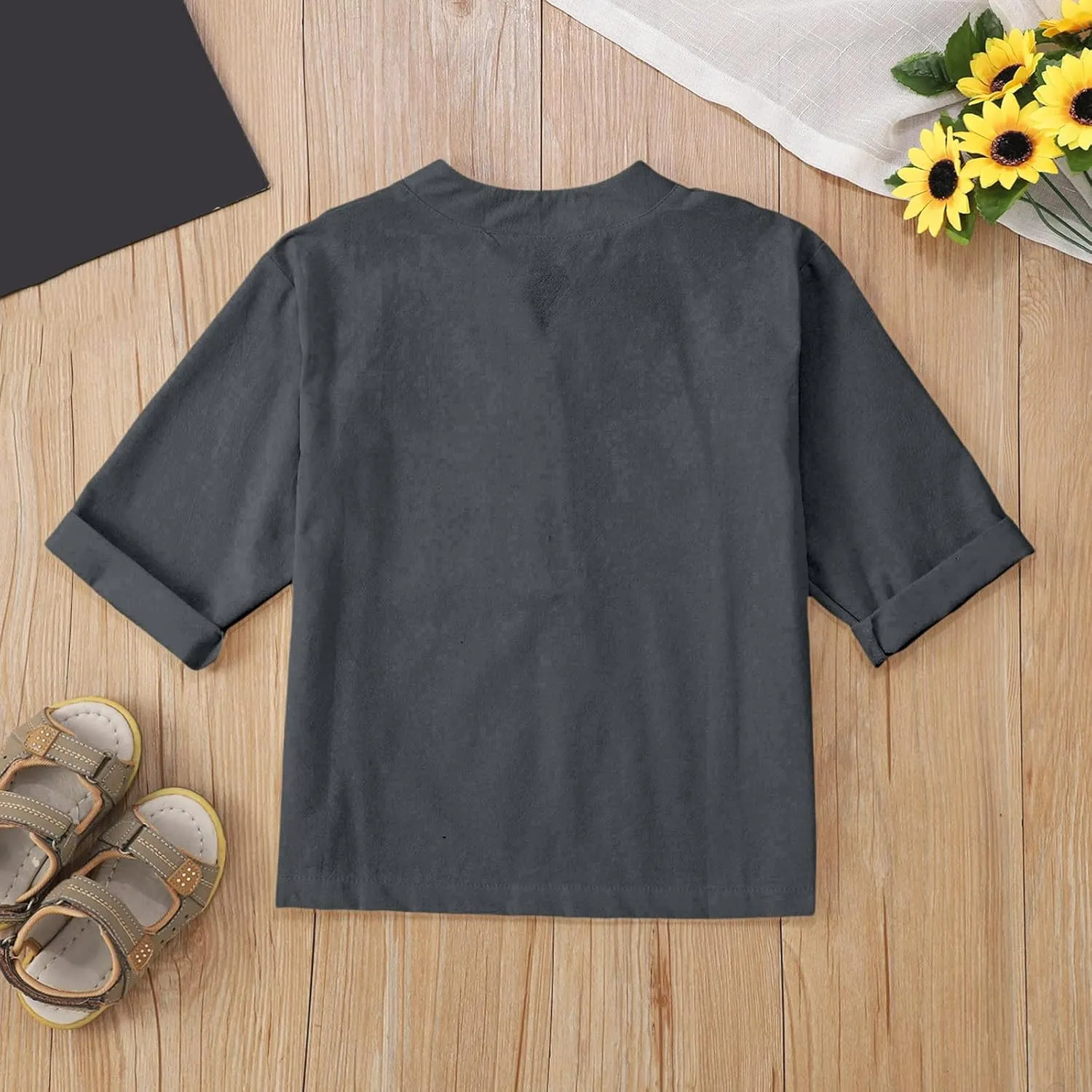 Girls Linen Shirts Loose Fit Button Down Collar Cotton Blouses Teen Summer Lightweight Solid Tee Tops with Pockets