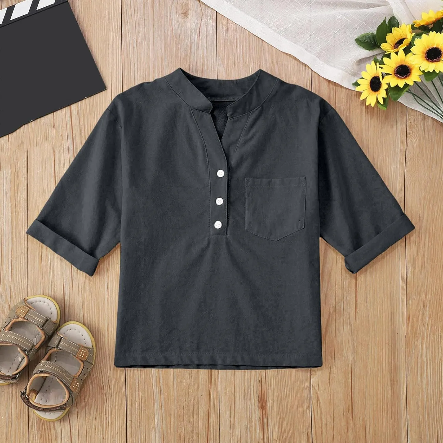 Girls Linen Shirts Loose Fit Button Down Collar Cotton Blouses Teen Summer Lightweight Solid Tee Tops with Pockets