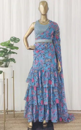 Grey Floral Pre-Stitched Ruffle Saree with Embellished Belt