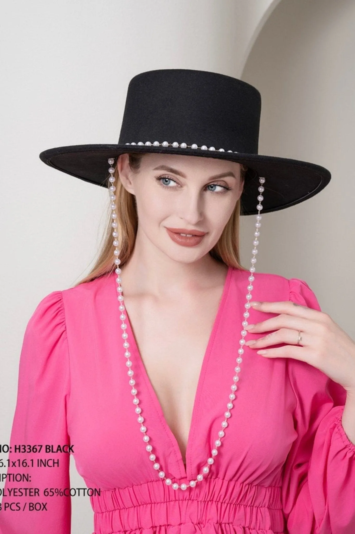 H3367 Adeline Top Hat With Pearl Chain
