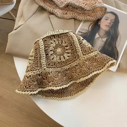 Handmade crochet straw bucket hat