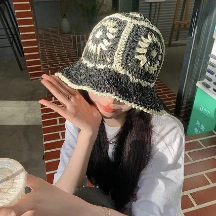 Handmade crochet straw bucket hat