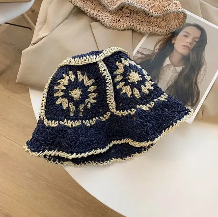 Handmade crochet straw bucket hat